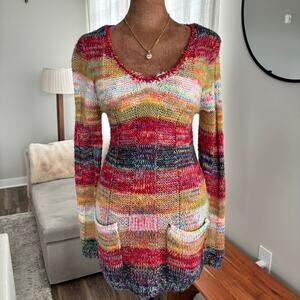 2000s Style Rue21 Multi Color Striped Sweater Dress Tunic Front Pockets Size M